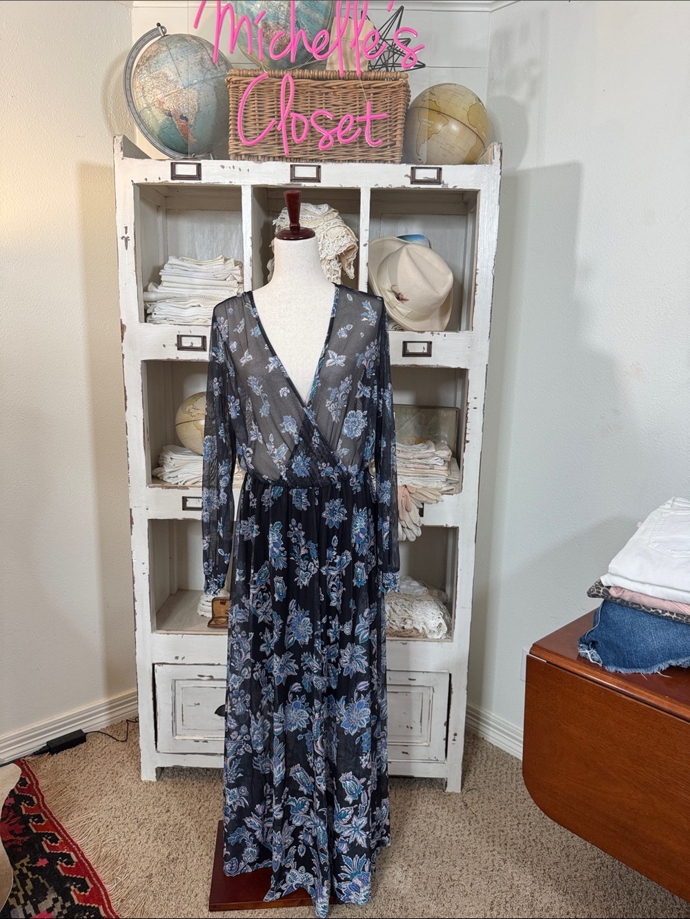 Haani Black Maxi Dress with Blue Floral Print